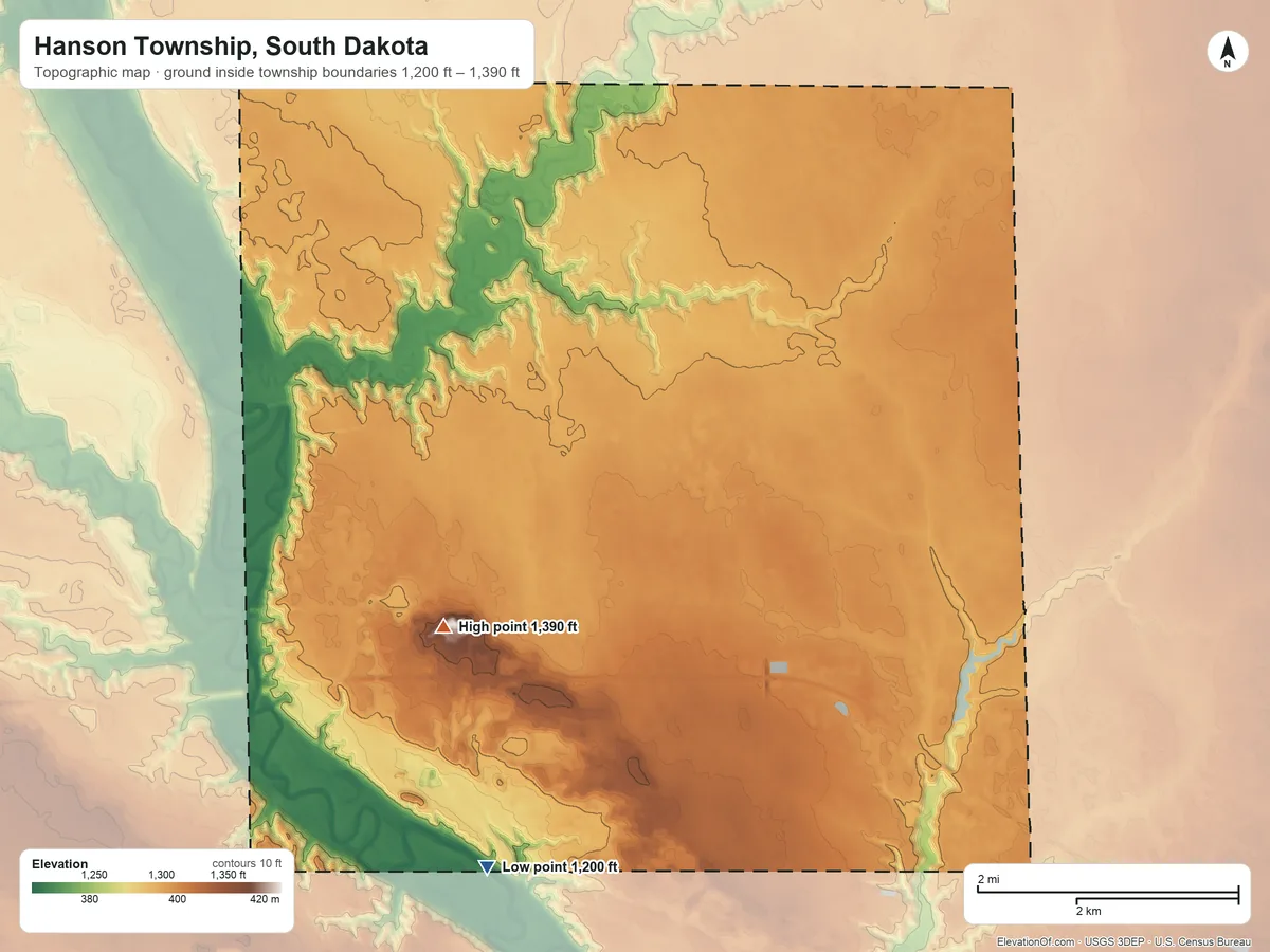 Topographic elevation map of Hanson Township, South Dakota, shaded from 1,200 ft on the south side to 1,390 ft on the southwest side