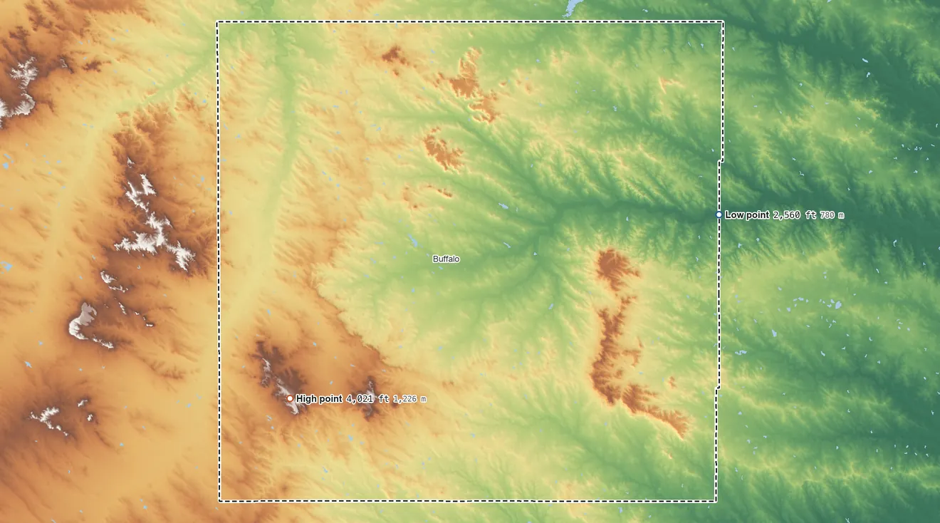 Topographic elevation map of Harding County, South Dakota, shaded from 2,560 ft on the east side to 4,021 ft on Harding Peak