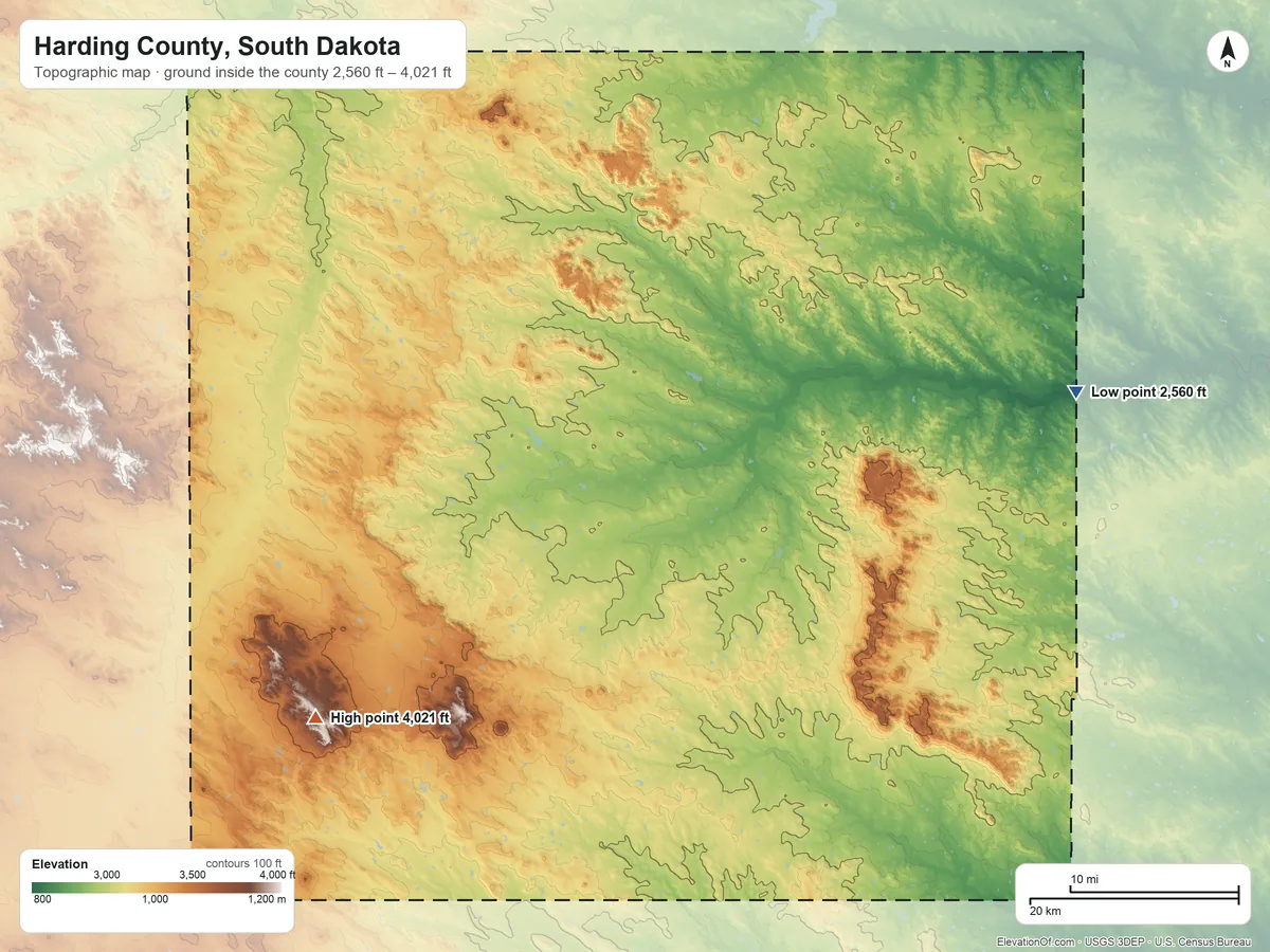 Topographic elevation map of Harding County, South Dakota, shaded from 2,560 ft on the east side to 4,021 ft on Harding Peak