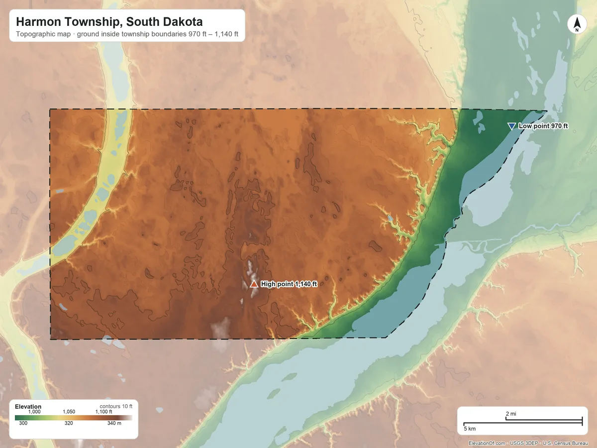 Topographic elevation map of Harmon Township, South Dakota, shaded from 970 ft on the east side to 1,140 ft on the south side