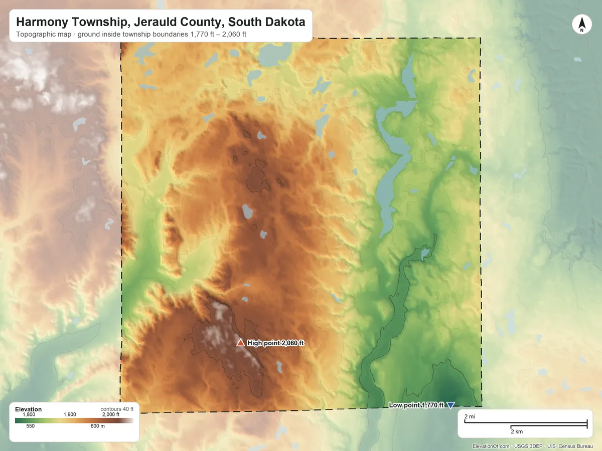 Topographic elevation map of Harmony Township, Jerauld County, South Dakota, shaded from 1,770 ft on the southeast side to 2,060 ft on the south side