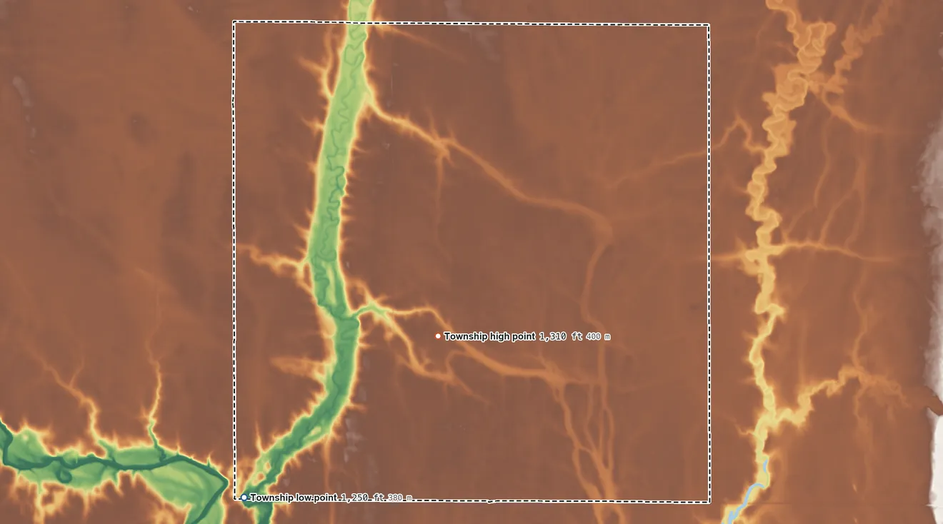 Topographic elevation map of Harmony Township, Spink County, South Dakota, shaded from 1,250 ft on the southwest side to 1,310 ft on the south side