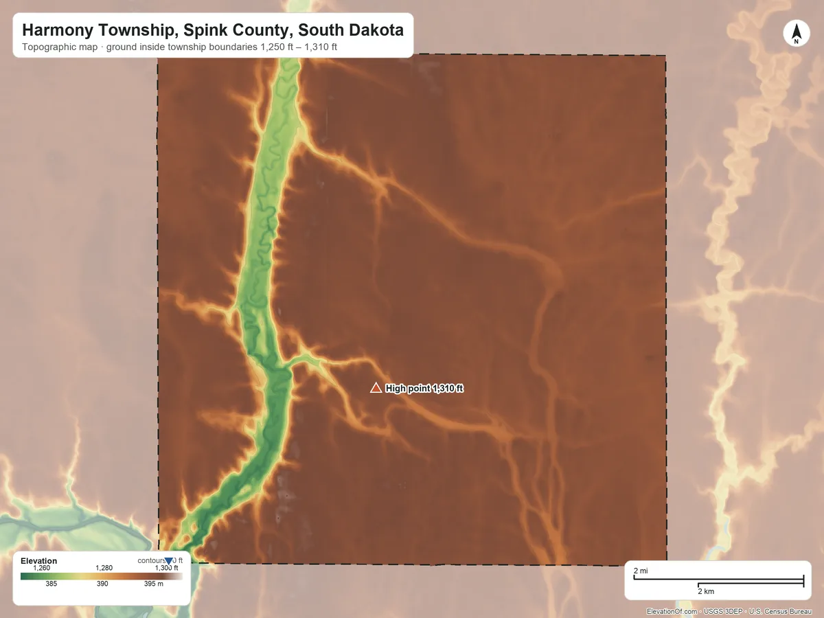 Topographic elevation map of Harmony Township, Spink County, South Dakota, shaded from 1,250 ft on the southwest side to 1,310 ft on the south side