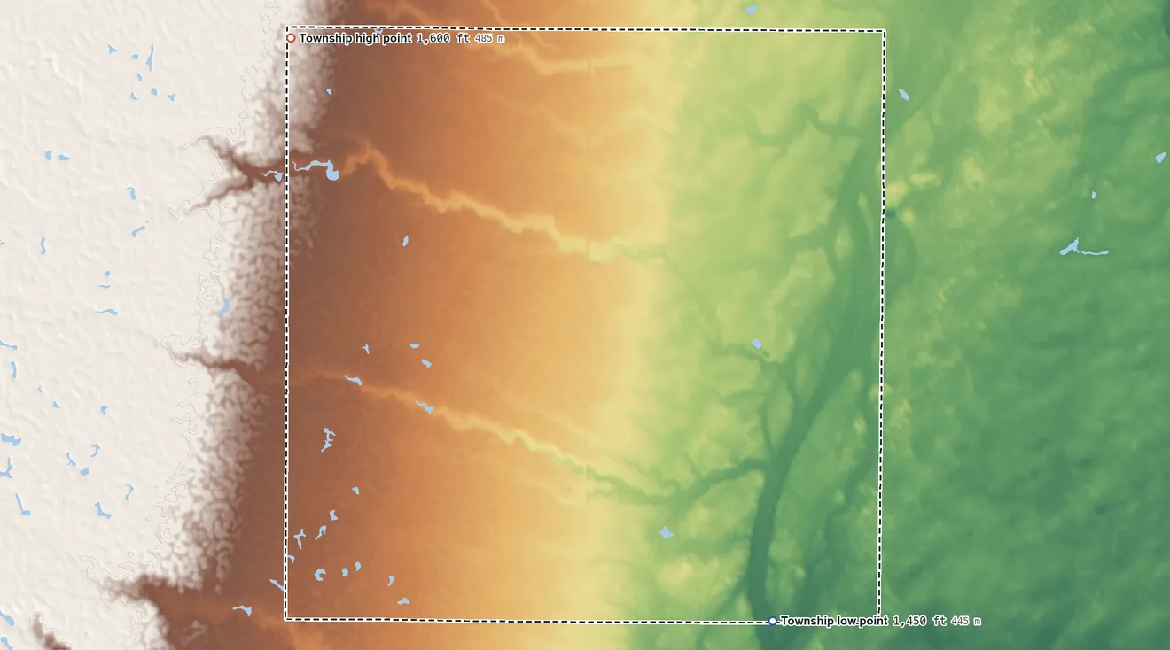 Topographic elevation map of Harmony Township, South Dakota, shaded from 1,450 ft on the south side to 1,600 ft on the northwest side