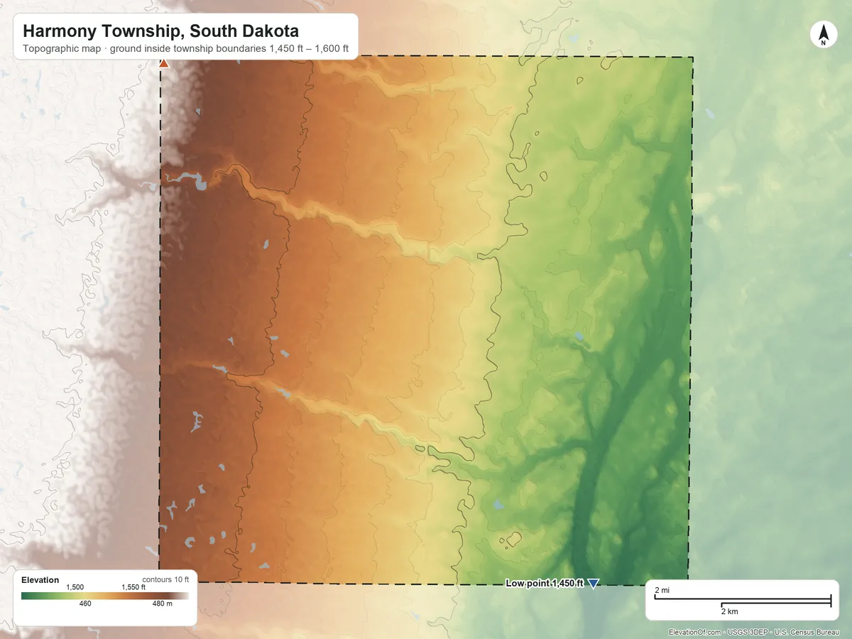 Topographic elevation map of Harmony Township, South Dakota, shaded from 1,450 ft on the south side to 1,600 ft on the northwest side