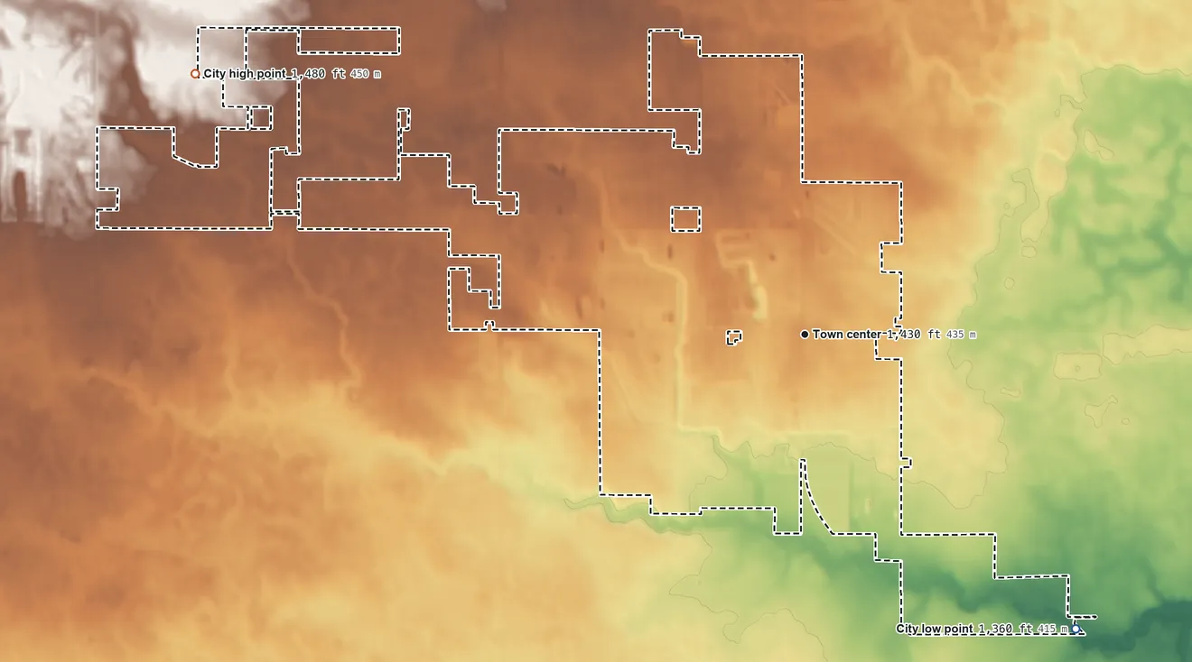 Topographic elevation map of Harrisburg, South Dakota, shaded from 1,360 ft on the southeast side to 1,480 ft on the northwest side