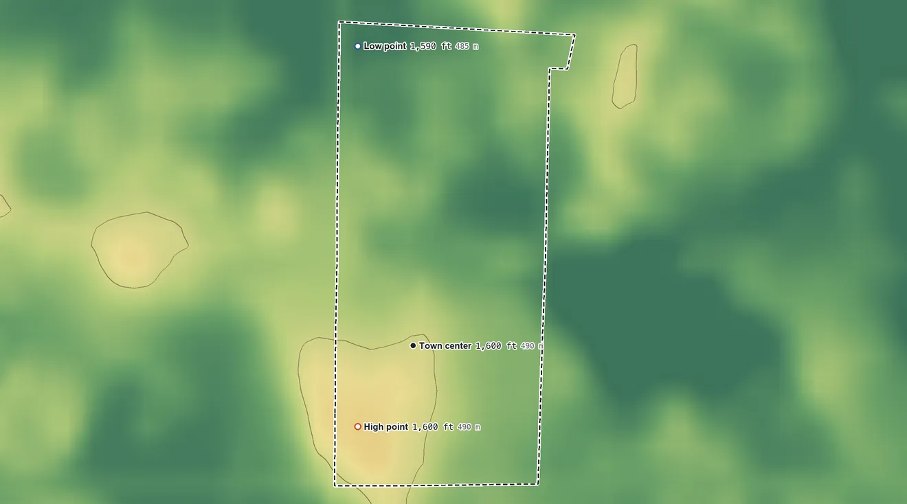 Topographic elevation map of Harrison, South Dakota, shaded from 1,590 ft on the north side to 1,600 ft on the southwest side