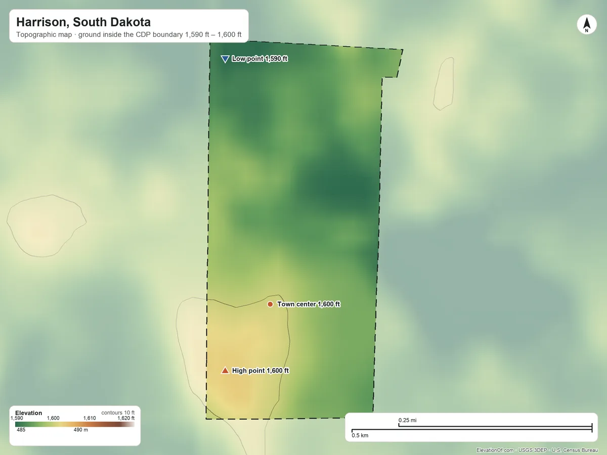 Topographic elevation map of Harrison, South Dakota, shaded from 1,590 ft on the north side to 1,600 ft on the southwest side