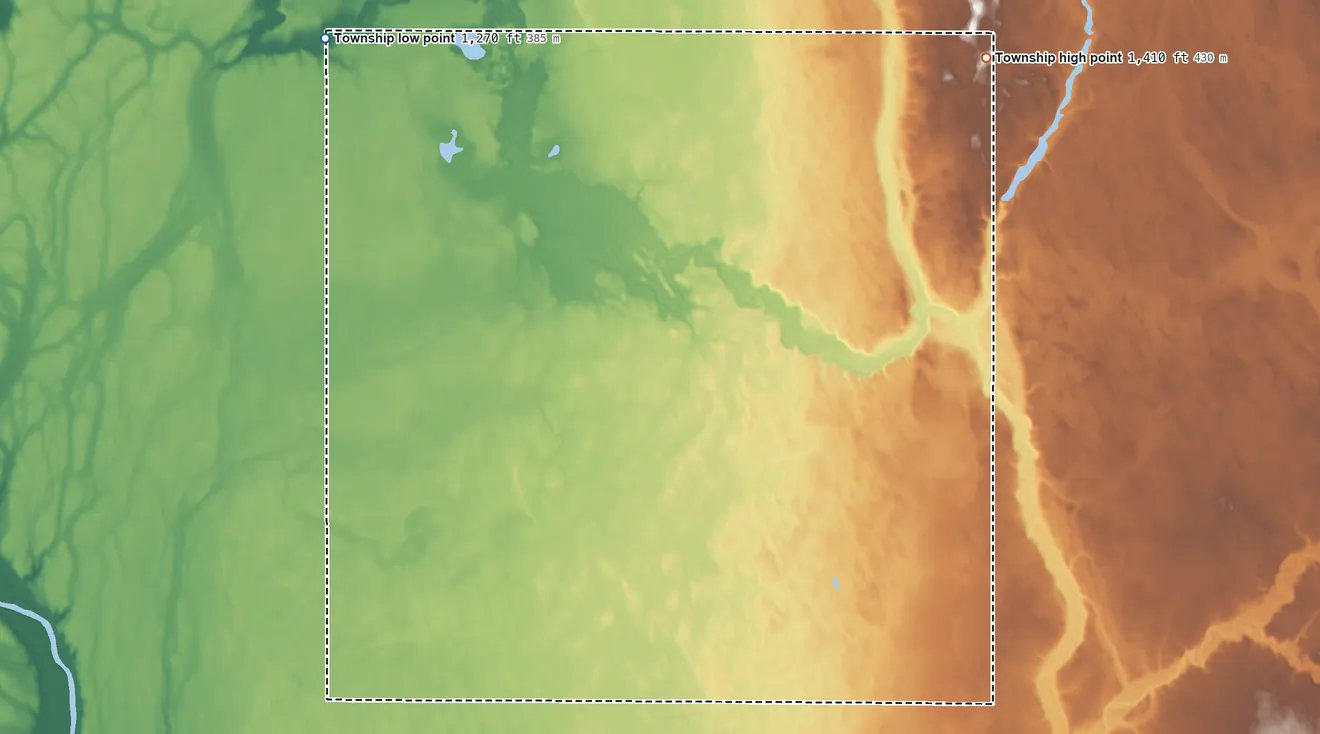Topographic elevation map of Harrison Township, South Dakota, shaded from 1,270 ft on the northwest side to 1,410 ft on the northeast side