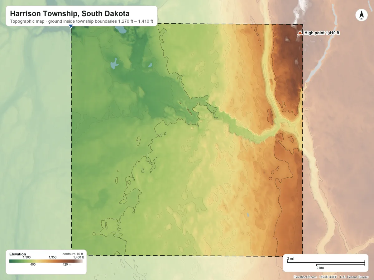 Topographic elevation map of Harrison Township, South Dakota, shaded from 1,270 ft on the northwest side to 1,410 ft on the northeast side