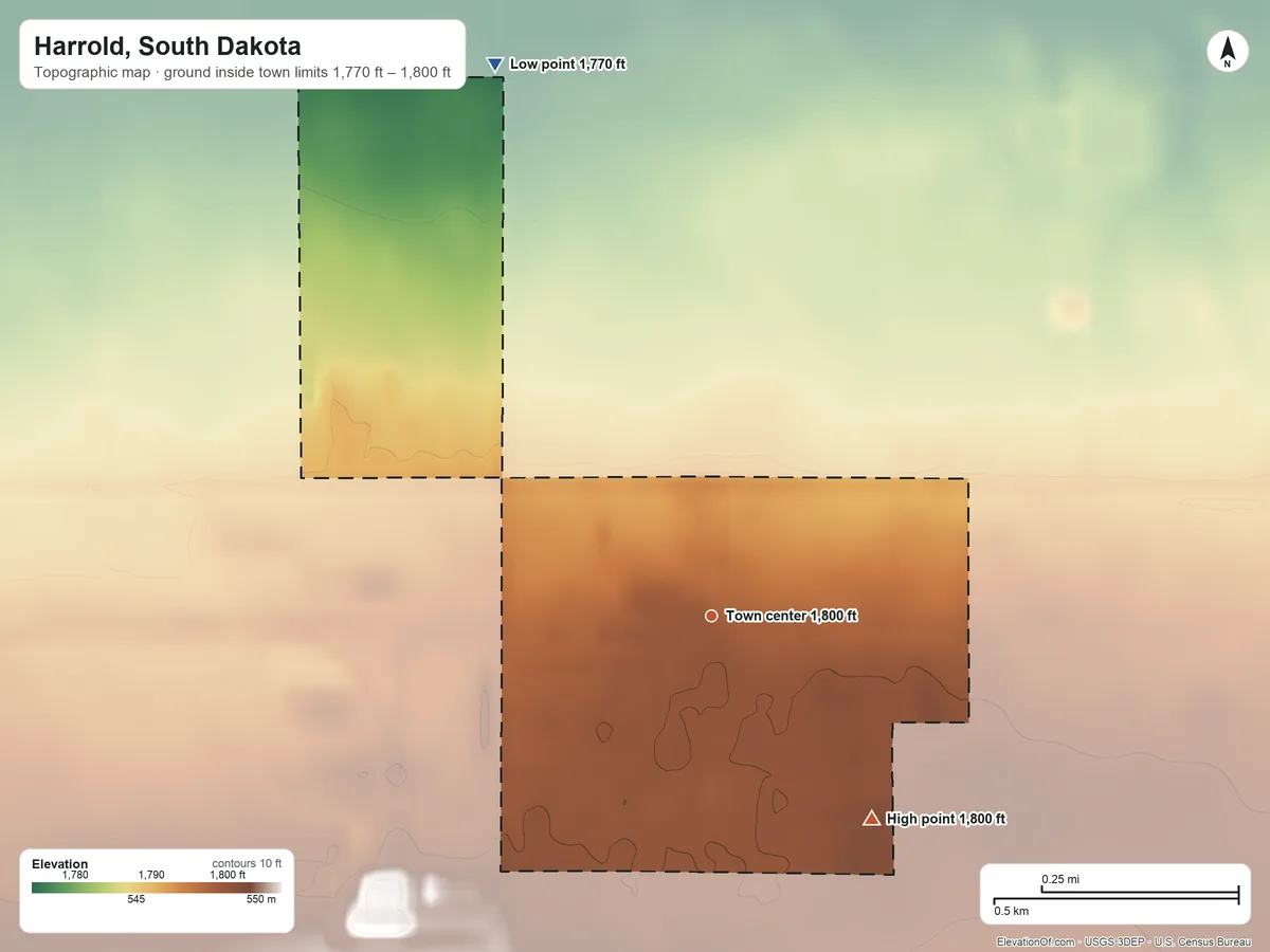 Topographic elevation map of Harrold, South Dakota, shaded from 1,770 ft on the north side to 1,800 ft on the southeast side