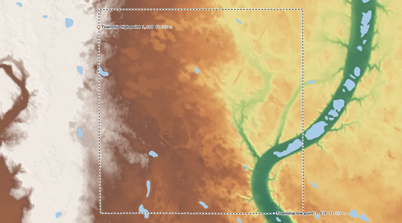 Topographic elevation map of Hart Township, South Dakota, shaded from 1,020 ft on the southeast side to 1,180 ft on the northwest side