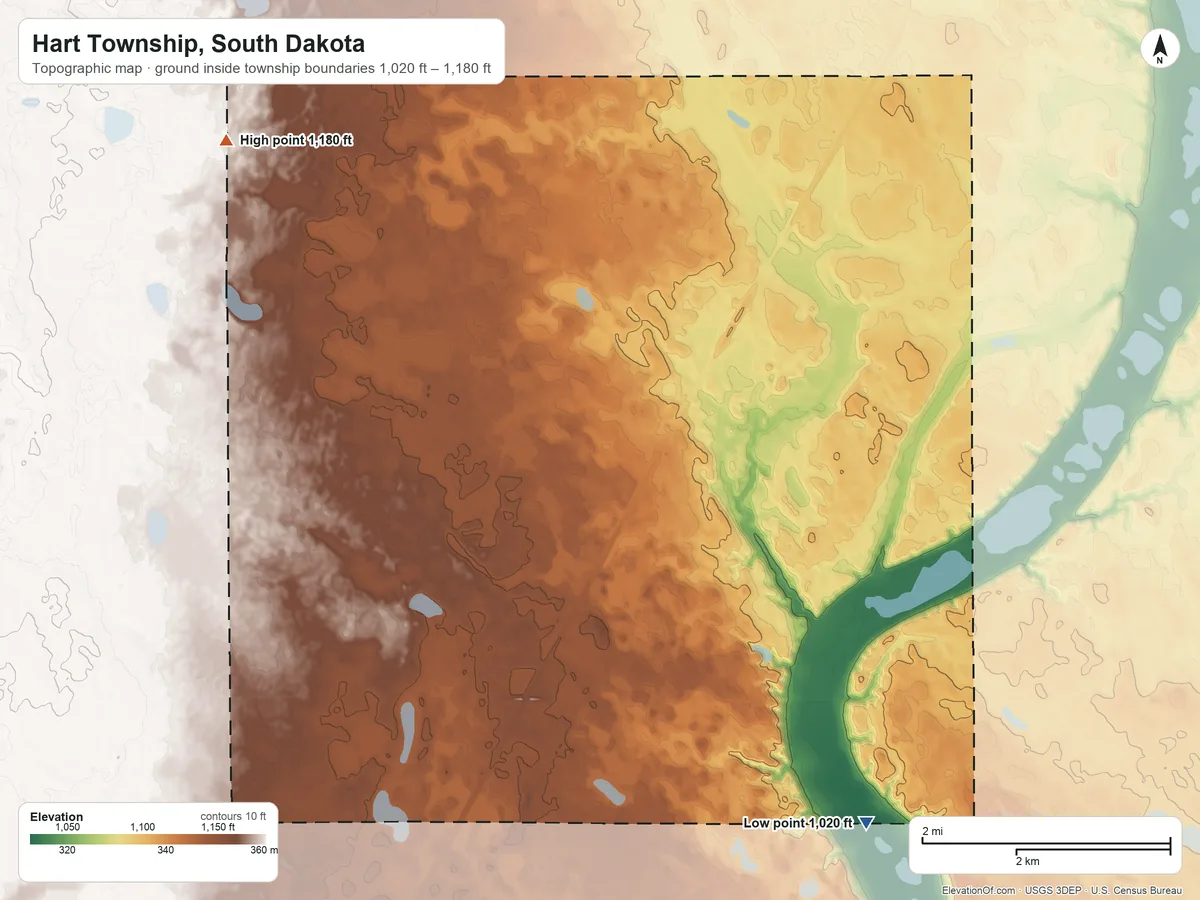 Topographic elevation map of Hart Township, South Dakota, shaded from 1,020 ft on the southeast side to 1,180 ft on the northwest side