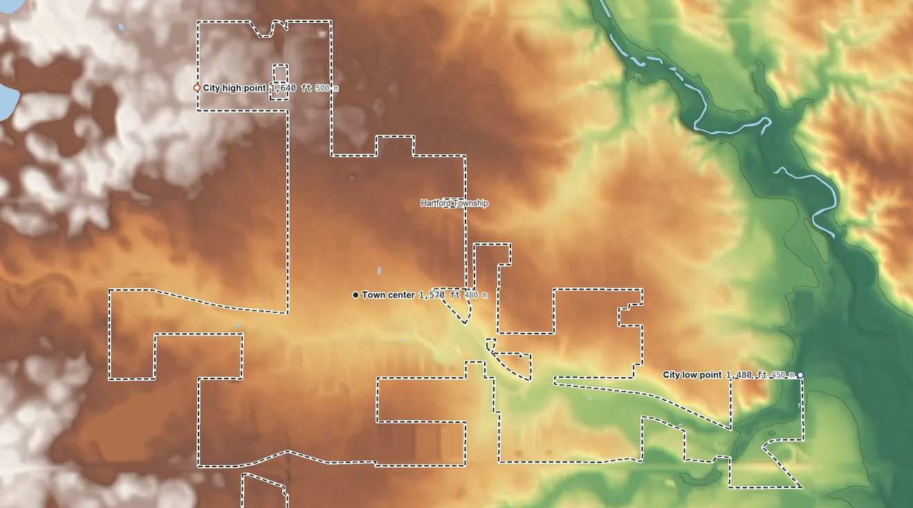Topographic elevation map of Hartford, South Dakota, shaded from 1,480 ft on the east side to 1,640 ft on the northwest side