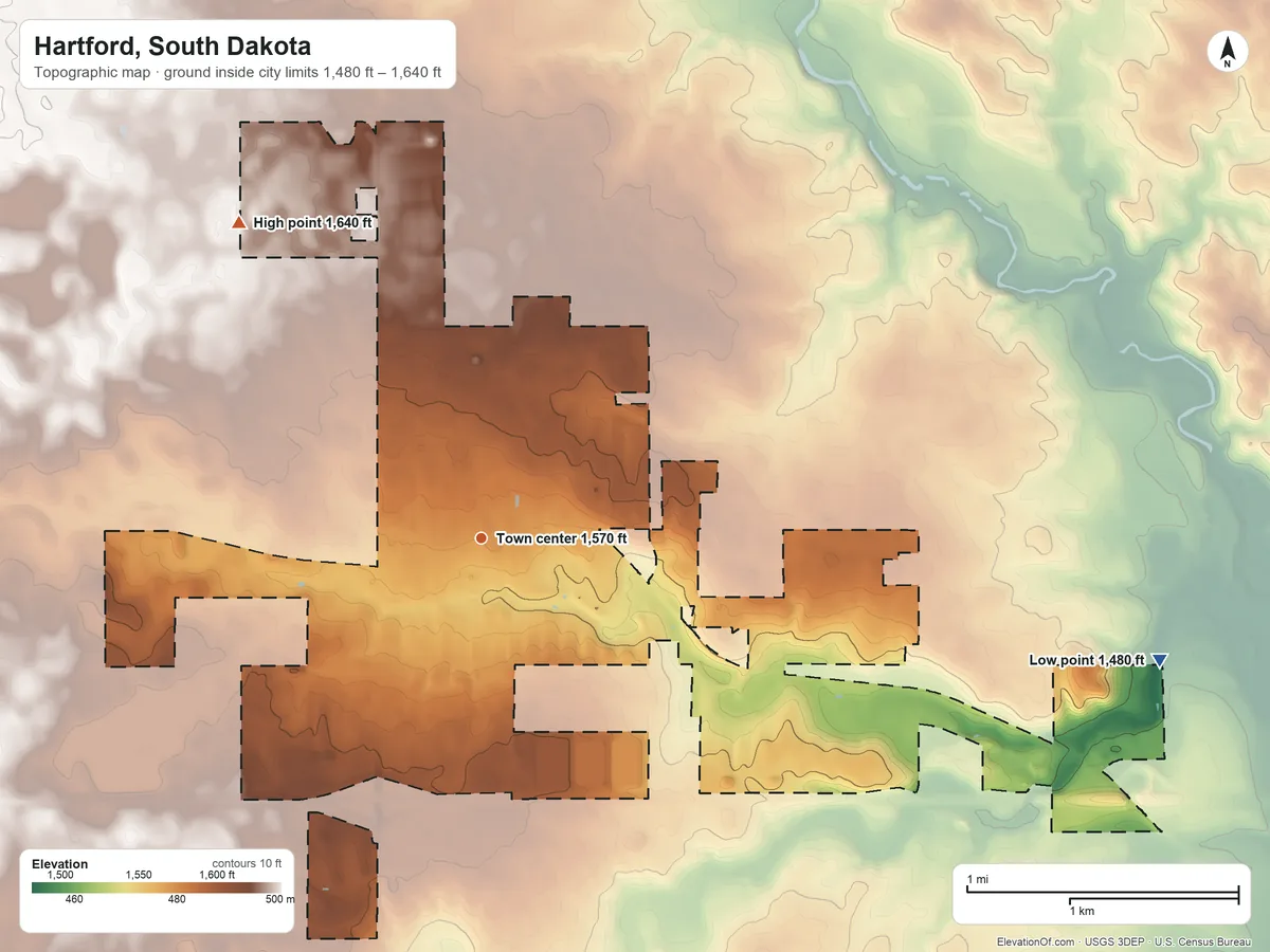 Topographic elevation map of Hartford, South Dakota, shaded from 1,480 ft on the east side to 1,640 ft on the northwest side
