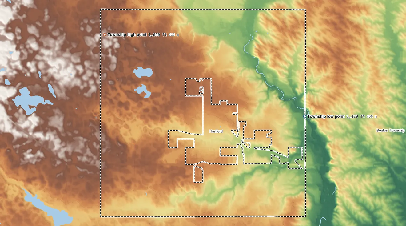 Topographic elevation map of Hartford Township, South Dakota, shaded from 1,470 ft on the east side to 1,690 ft on the northwest side