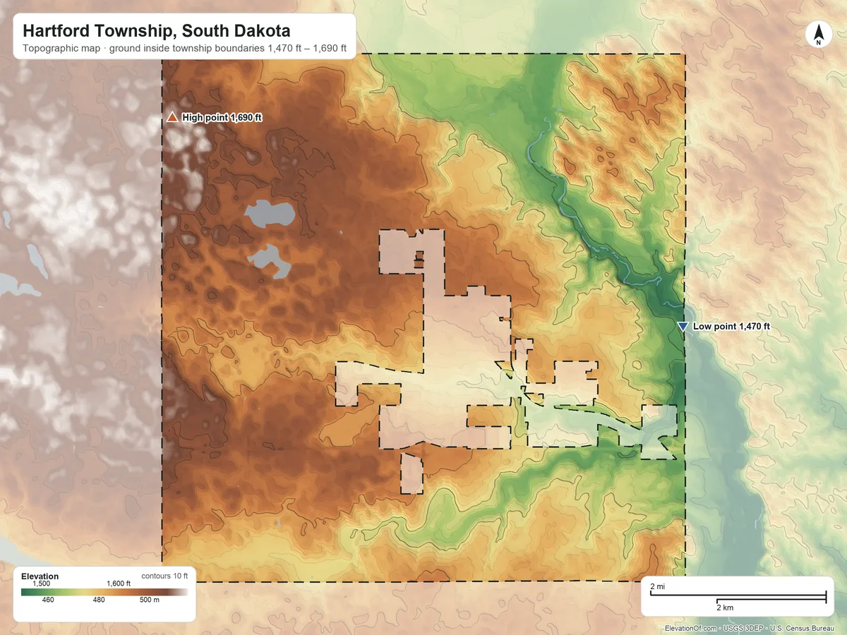 Topographic elevation map of Hartford Township, South Dakota, shaded from 1,470 ft on the east side to 1,690 ft on the northwest side