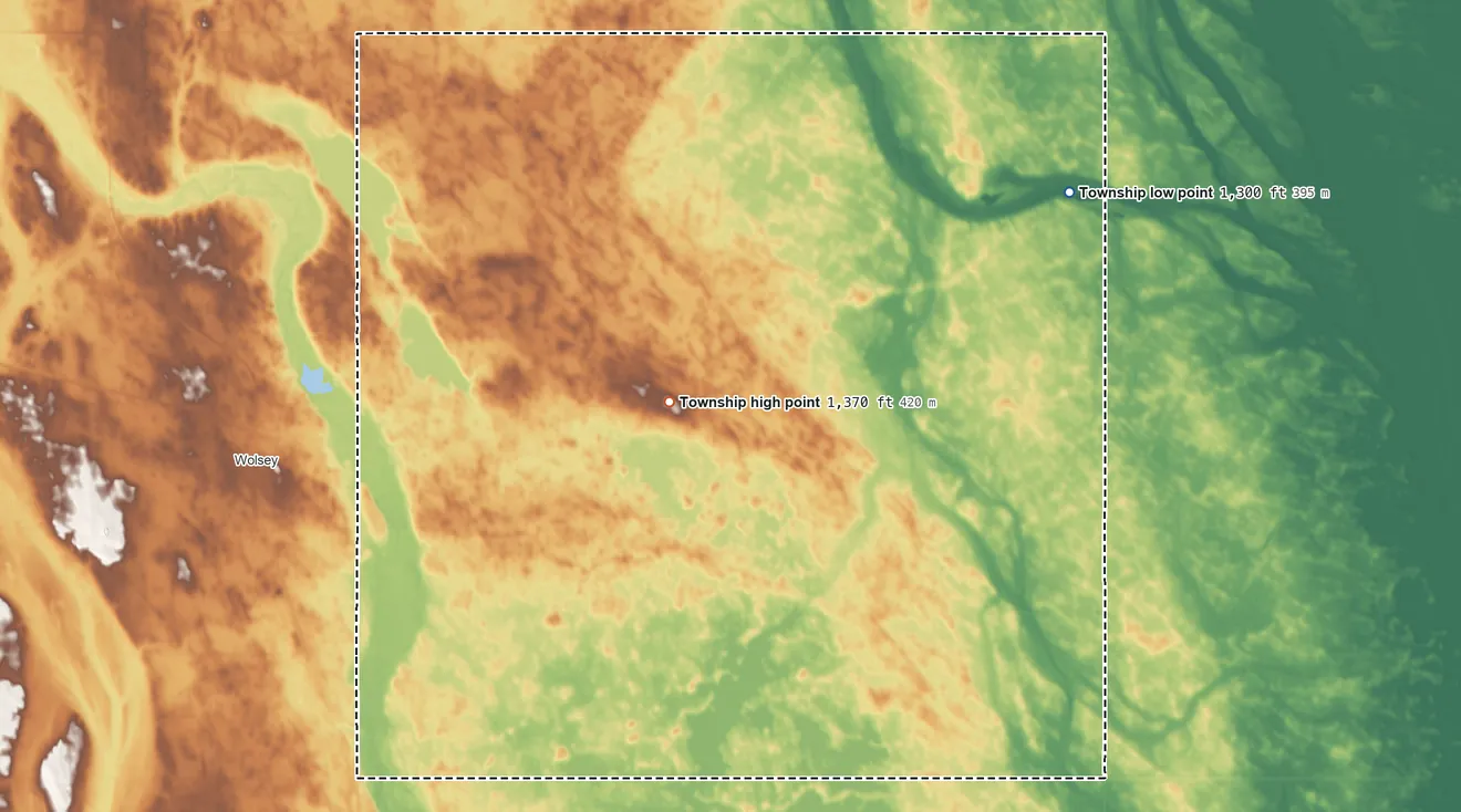 Topographic elevation map of Hartland Township, Beadle County, South Dakota, shaded from 1,300 ft on the northeast side to 1,370 ft on the northwest side