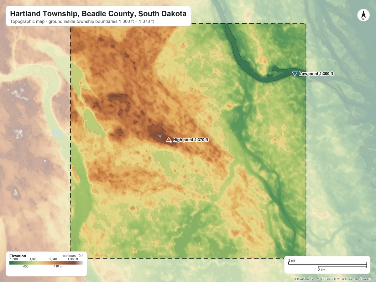 Topographic elevation map of Hartland Township, Beadle County, South Dakota, shaded from 1,300 ft on the northeast side to 1,370 ft on the northwest side