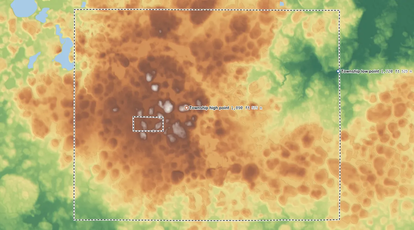 Topographic elevation map of Hartland Township, South Dakota, shaded from 1,720 ft on the east side to 1,890 ft near the middle