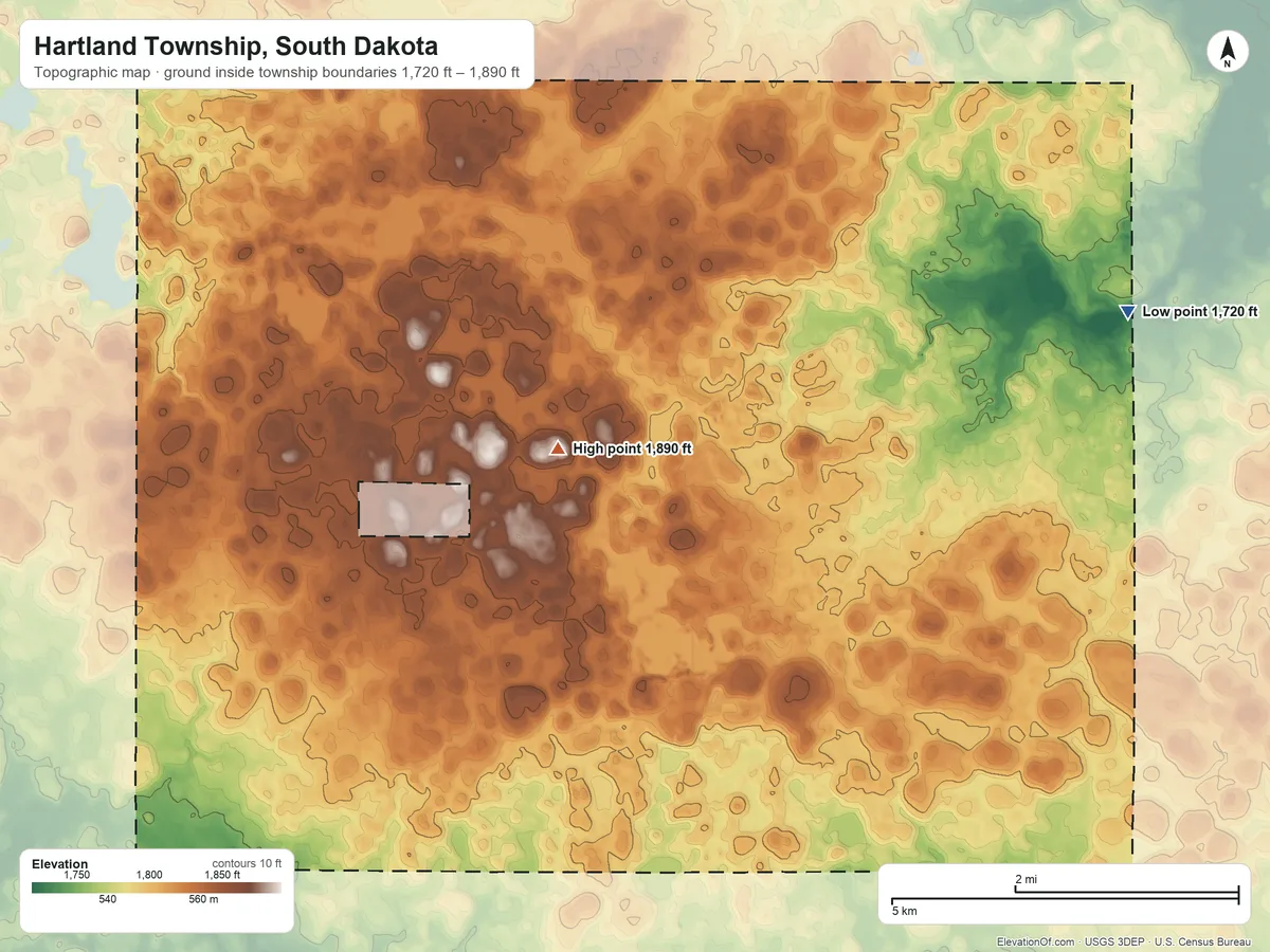Topographic elevation map of Hartland Township, South Dakota, shaded from 1,720 ft on the east side to 1,890 ft near the middle