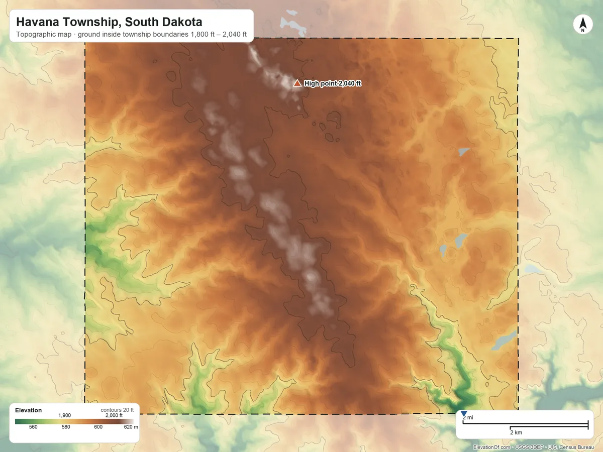 Topographic elevation map of Havana Township, South Dakota, shaded from 1,800 ft on the southeast side to 2,040 ft on the north side
