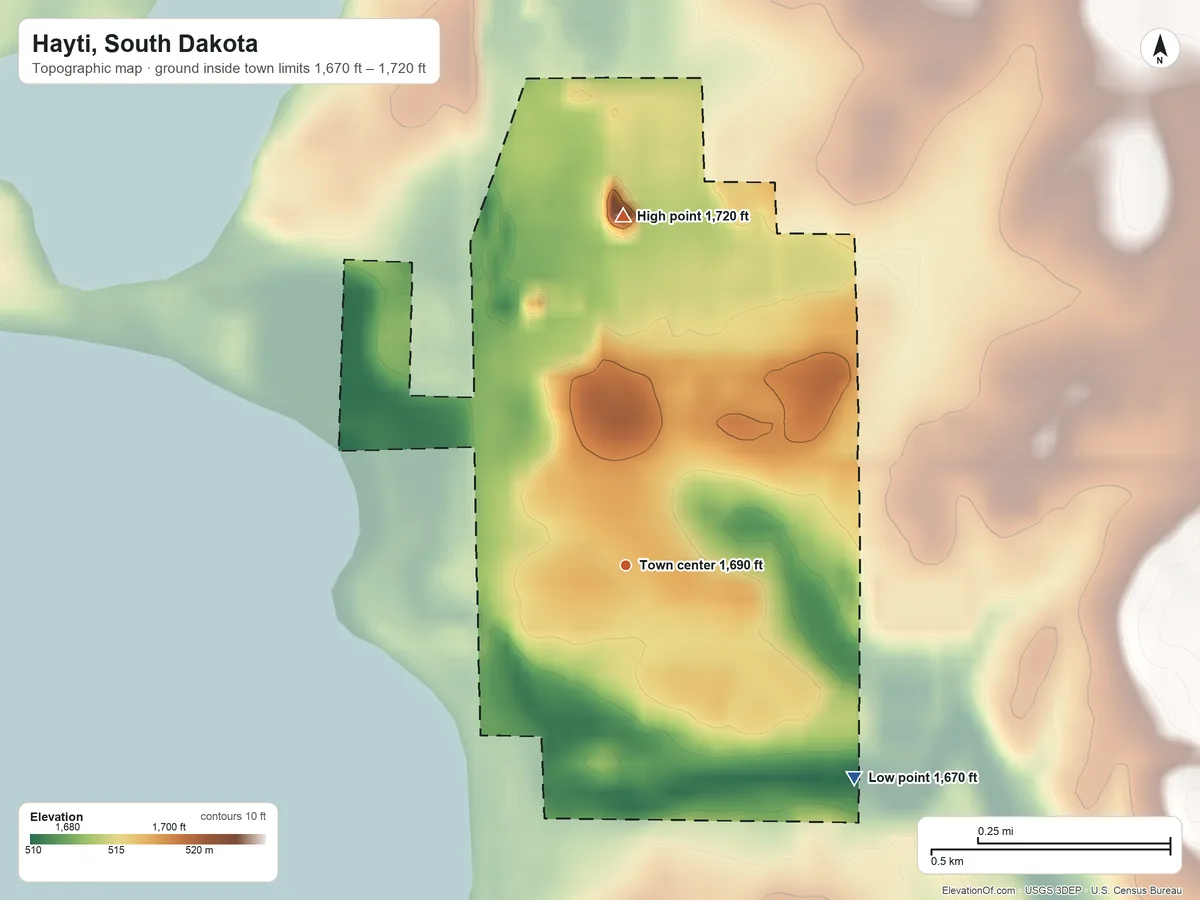 Topographic elevation map of Hayti, South Dakota, shaded from 1,670 ft on the southeast side to 1,720 ft on the north side