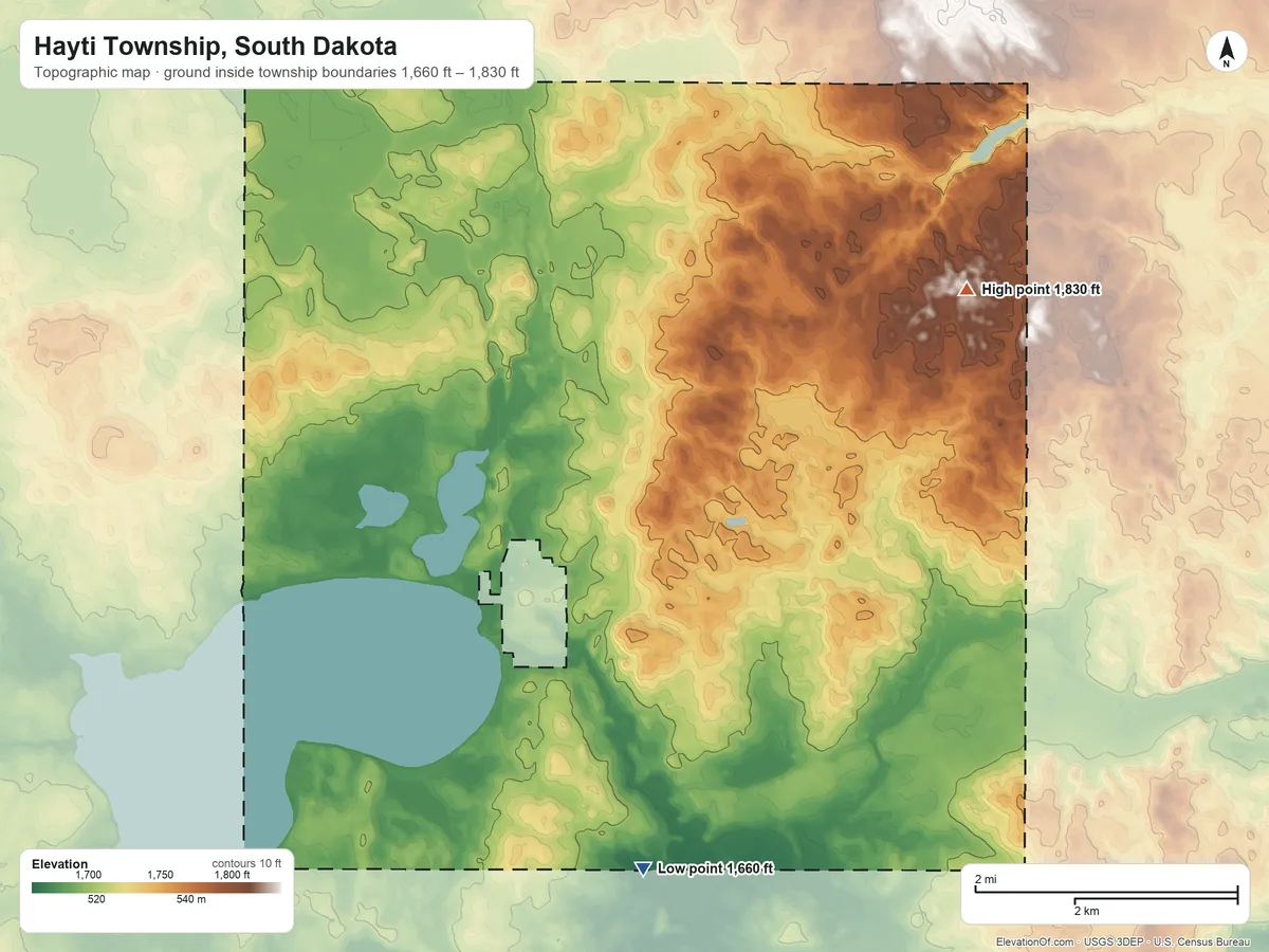 Topographic elevation map of Hayti Township, South Dakota, shaded from 1,660 ft on the south side to 1,830 ft on the northeast side