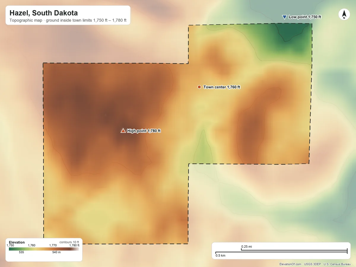 Topographic elevation map of Hazel, South Dakota, shaded from 1,750 ft on the northeast side to 1,780 ft on the southwest side