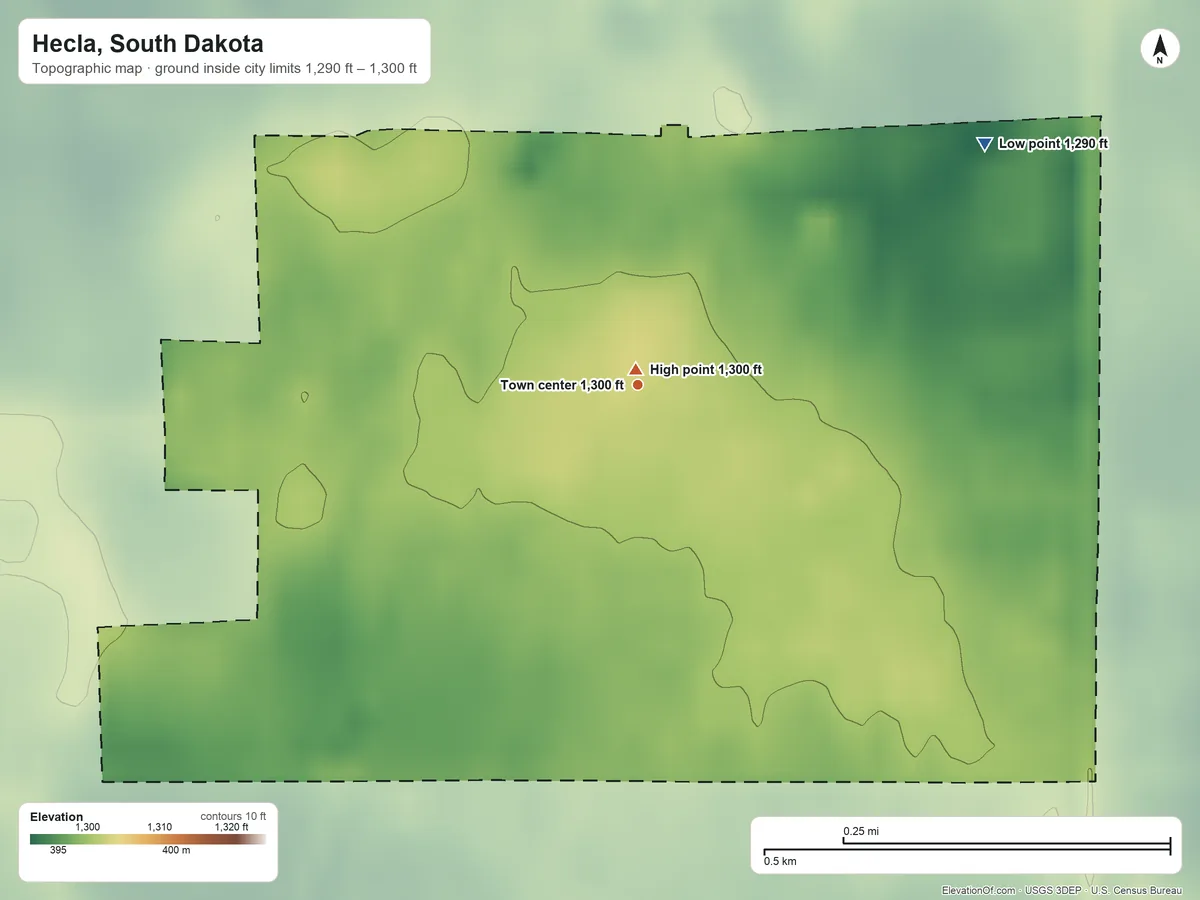 Topographic elevation map of Hecla, South Dakota, shaded from 1,290 ft on the northeast side to 1,300 ft near the middle