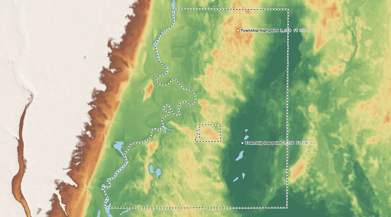 Topographic elevation map of Hecla Township, South Dakota, shaded from 1,290 ft on the northeast side to 1,310 ft on the north side