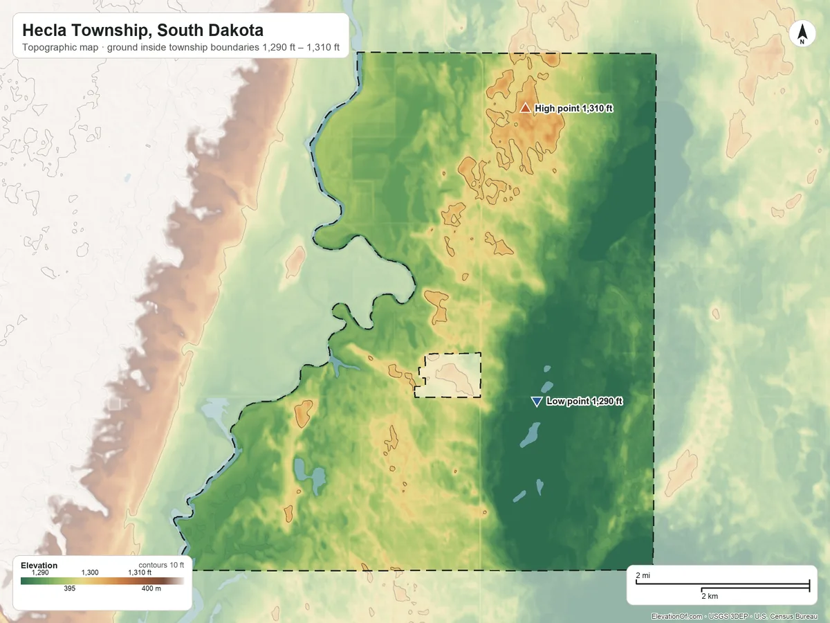 Topographic elevation map of Hecla Township, South Dakota, shaded from 1,290 ft on the northeast side to 1,310 ft on the north side