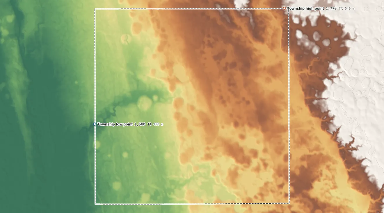 Topographic elevation map of Henden Township, South Dakota, shaded from 1,580 ft on the west side to 1,770 ft on the northeast side