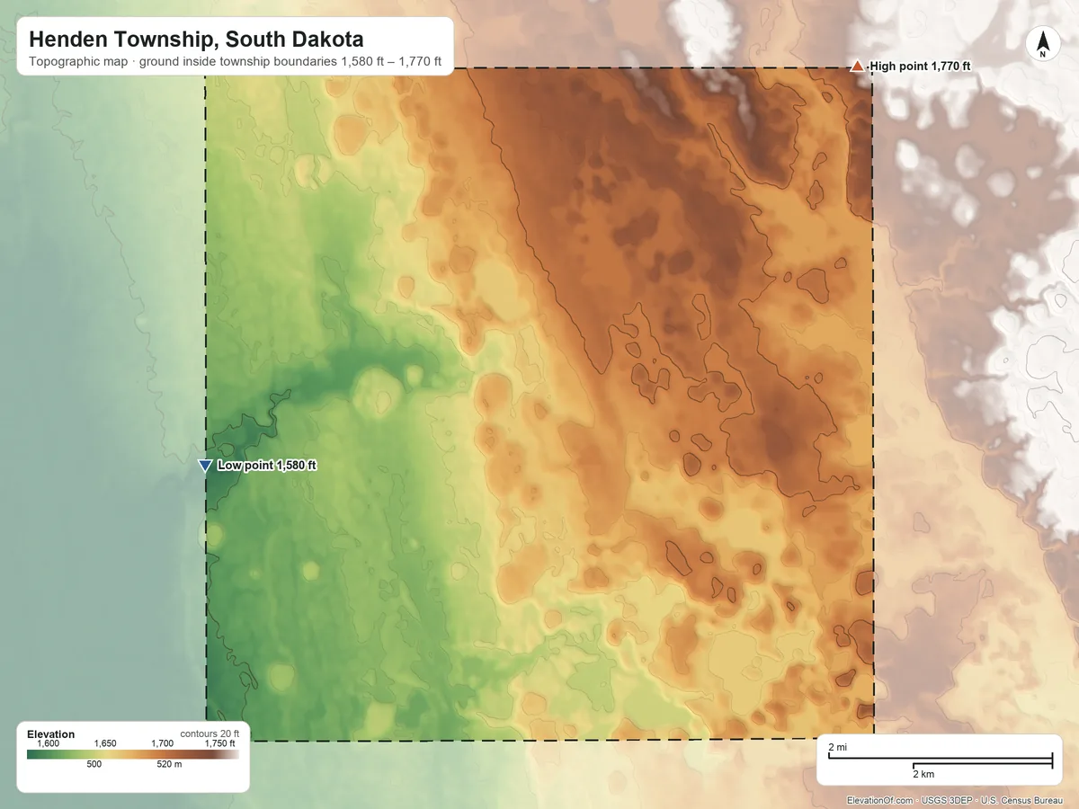 Topographic elevation map of Henden Township, South Dakota, shaded from 1,580 ft on the west side to 1,770 ft on the northeast side