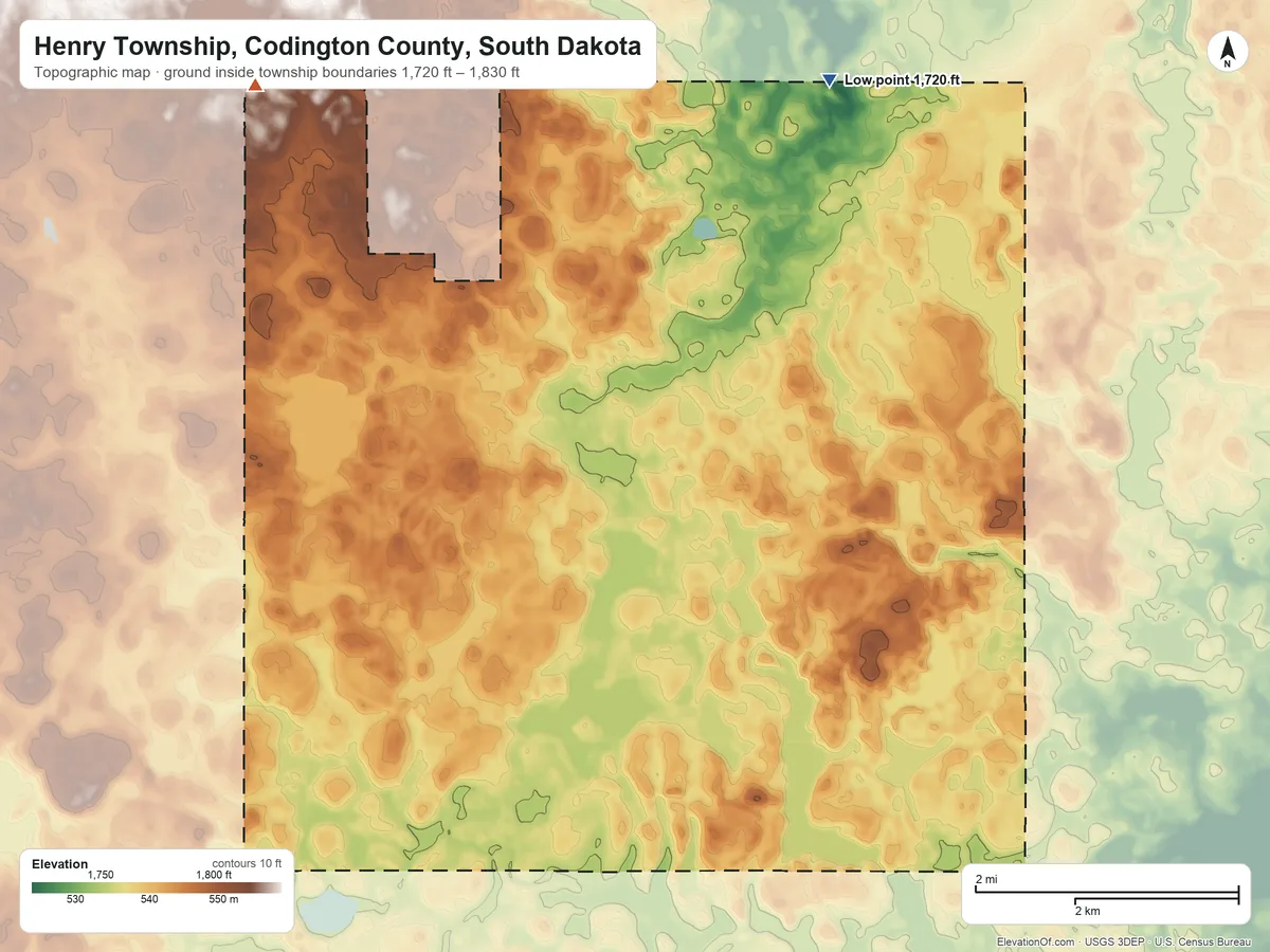 Topographic elevation map of Henry Township, Codington County, South Dakota, shaded from 1,720 ft on the north side to 1,830 ft on the northwest side