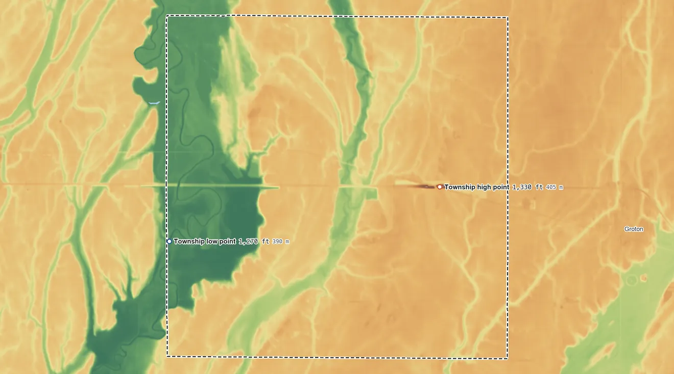 Topographic elevation map of Henry Township, South Dakota, shaded from 1,270 ft on the west side to 1,330 ft on the east side