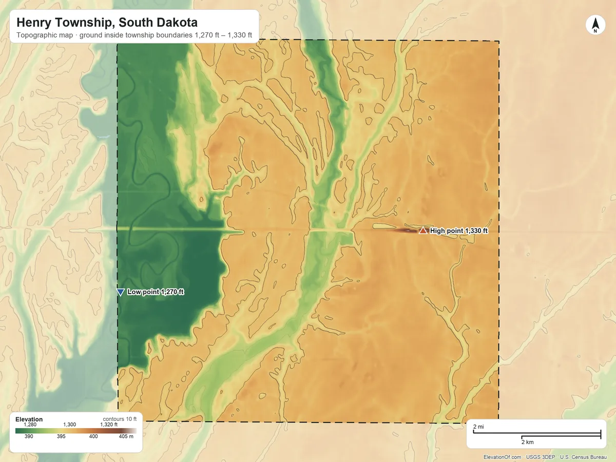 Topographic elevation map of Henry Township, South Dakota, shaded from 1,270 ft on the west side to 1,330 ft on the east side