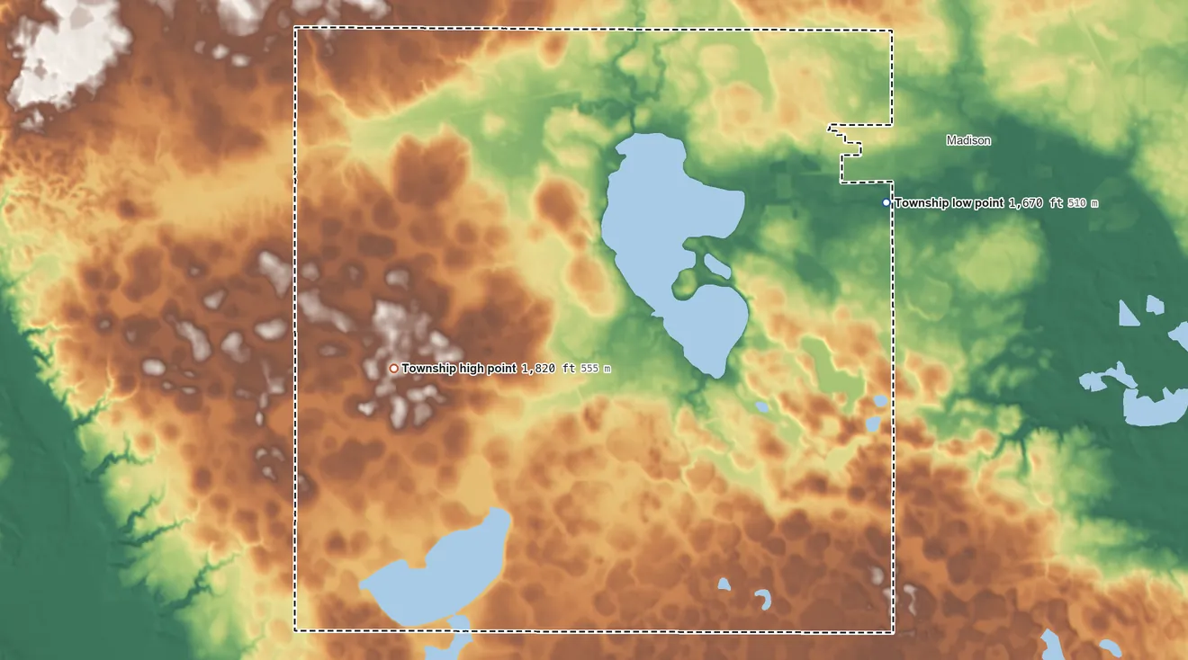 Topographic elevation map of Herman Township, South Dakota, shaded from 1,670 ft on the east side to 1,820 ft on the southwest side