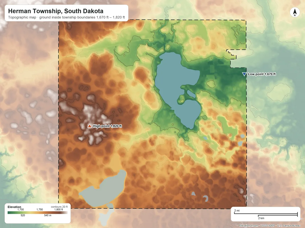 Topographic elevation map of Herman Township, South Dakota, shaded from 1,670 ft on the east side to 1,820 ft on the southwest side