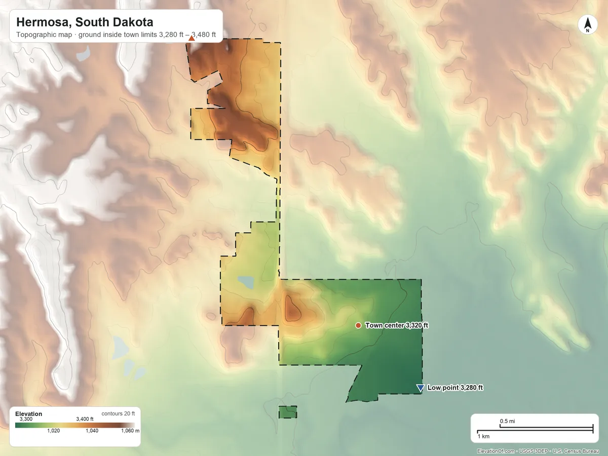 Topographic elevation map of Hermosa, South Dakota, shaded from 3,280 ft on the southeast side to 3,480 ft on the northwest edge, below higher ground just outside