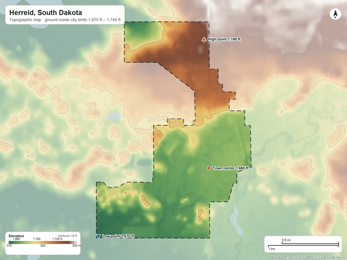 Topographic elevation map of Herreid, South Dakota, shaded from 1,670 ft on the southwest side to 1,740 ft on the north side
