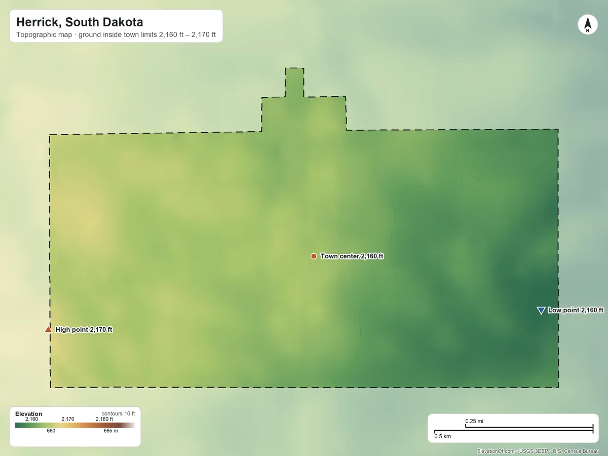 Topographic elevation map of Herrick, South Dakota, shaded from 2,160 ft on the east side to 2,170 ft on the west side