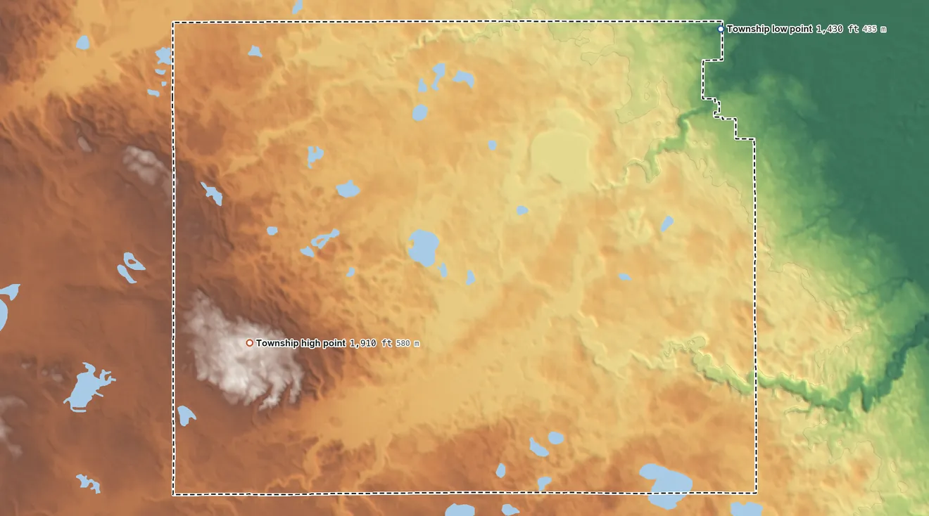 Topographic elevation map of Herrick Township, South Dakota, shaded from 1,430 ft on the northeast side to 1,910 ft on the west side