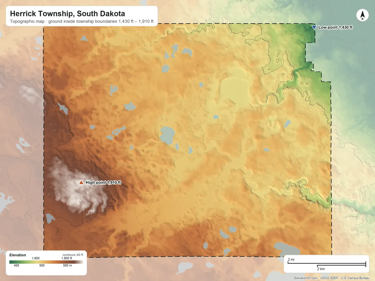 Topographic elevation map of Herrick Township, South Dakota, shaded from 1,430 ft on the northeast side to 1,910 ft on the west side