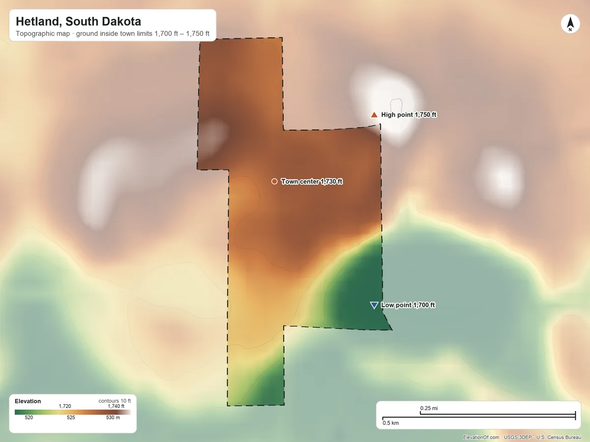 Topographic elevation map of Hetland, South Dakota, shaded from 1,700 ft on the southeast side to 1,750 ft on the northeast side