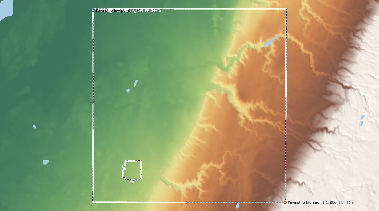 Topographic elevation map of Hickman Township, South Dakota, shaded from 1,310 ft on the northwest side to 1,600 ft on the southeast side