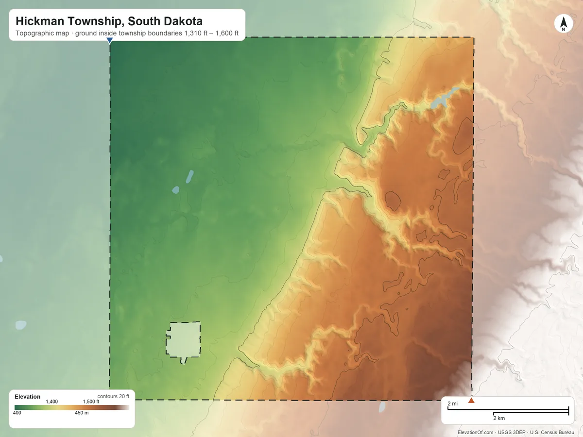 Topographic elevation map of Hickman Township, South Dakota, shaded from 1,310 ft on the northwest side to 1,600 ft on the southeast side