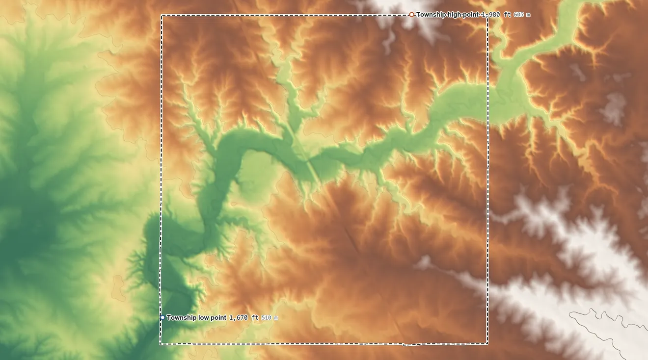 Topographic elevation map of Hidewood Township, South Dakota, shaded from 1,670 ft on the southwest side to 1,980 ft on the north side