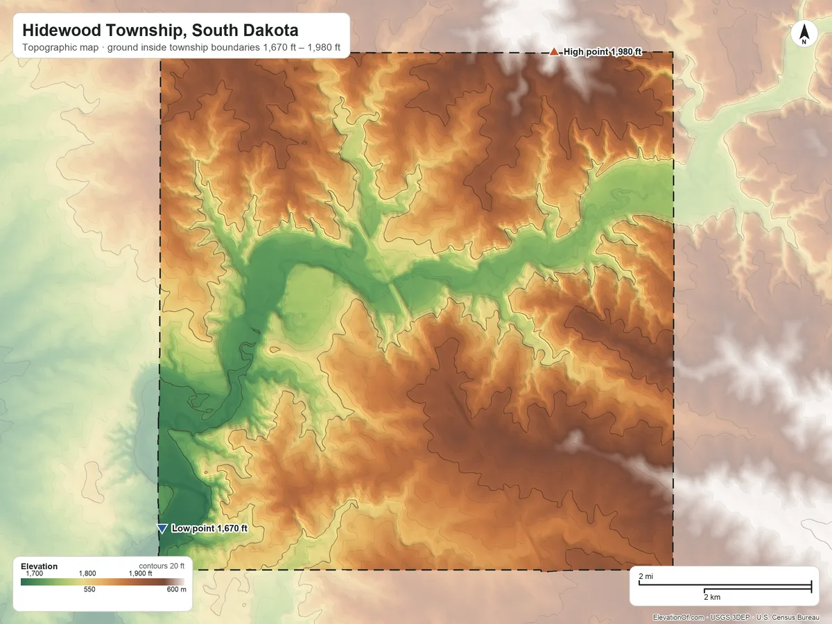 Topographic elevation map of Hidewood Township, South Dakota, shaded from 1,670 ft on the southwest side to 1,980 ft on the north side