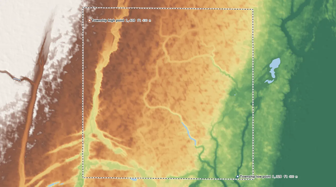 Topographic elevation map of Highland Township, Brown County, South Dakota, shaded from 1,320 ft on the southeast side to 1,420 ft on the northwest side